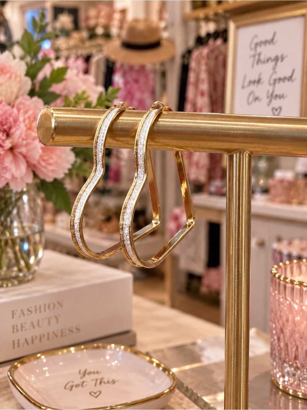 Gold Heart Shaped Hoop Earrings - crusted CZ accent NWOT